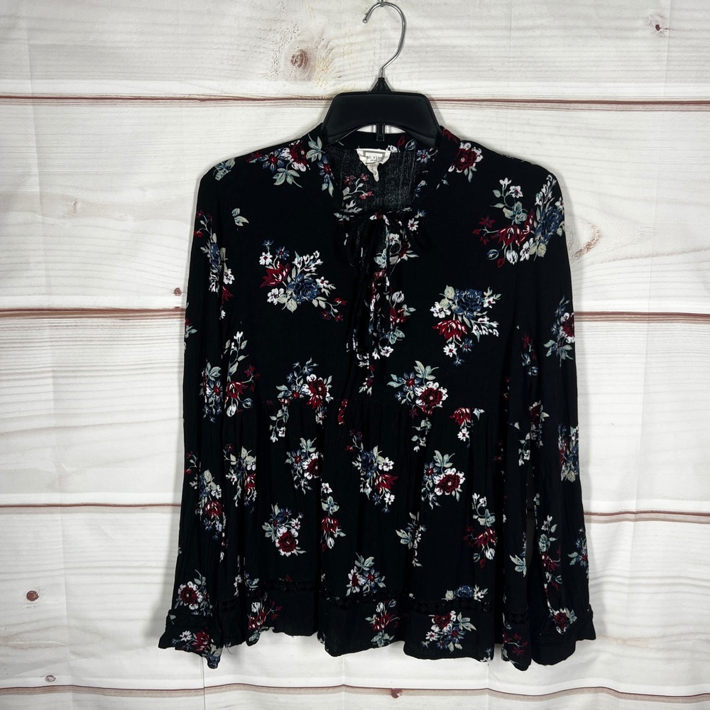 mo:vint Floral Blouse Womens Size S Black Floral Long Sleeve Tie Neck Peplum Top